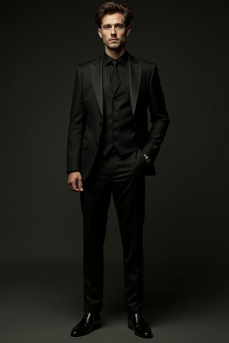 Traje de tres piezas, todo en negro